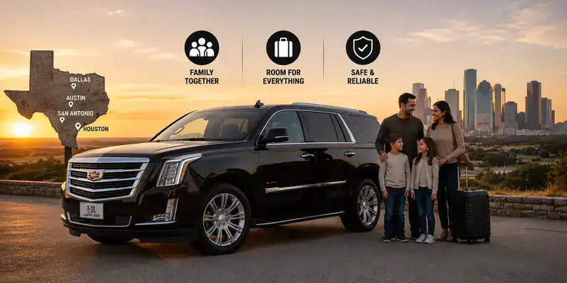 Luxury Cadillac SUV with the official Lavish Ride logo transporting a family beside a Texas route map for long-distance travel.